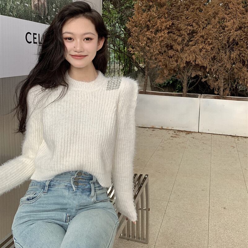 ソリッド カラーラウンドネックセーター オータムウィンターショートニットトップス ロング 秋物 冬物 Oネック ソリッドカラー ガールズファッション29330702799