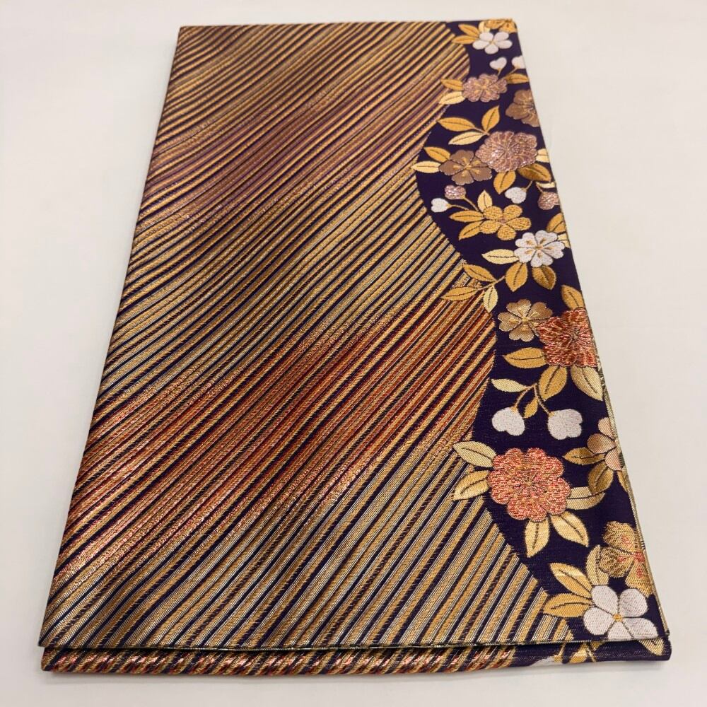 中古 振袖用帯 正絹 草花 六通柄 ゴールド Bランク 432cm 6240