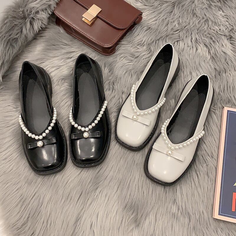 レザーレッドパールカジュアルセット ブラックシングル 靴 シューズ 真珠 スクウェア 部族の婦人靴18885610171