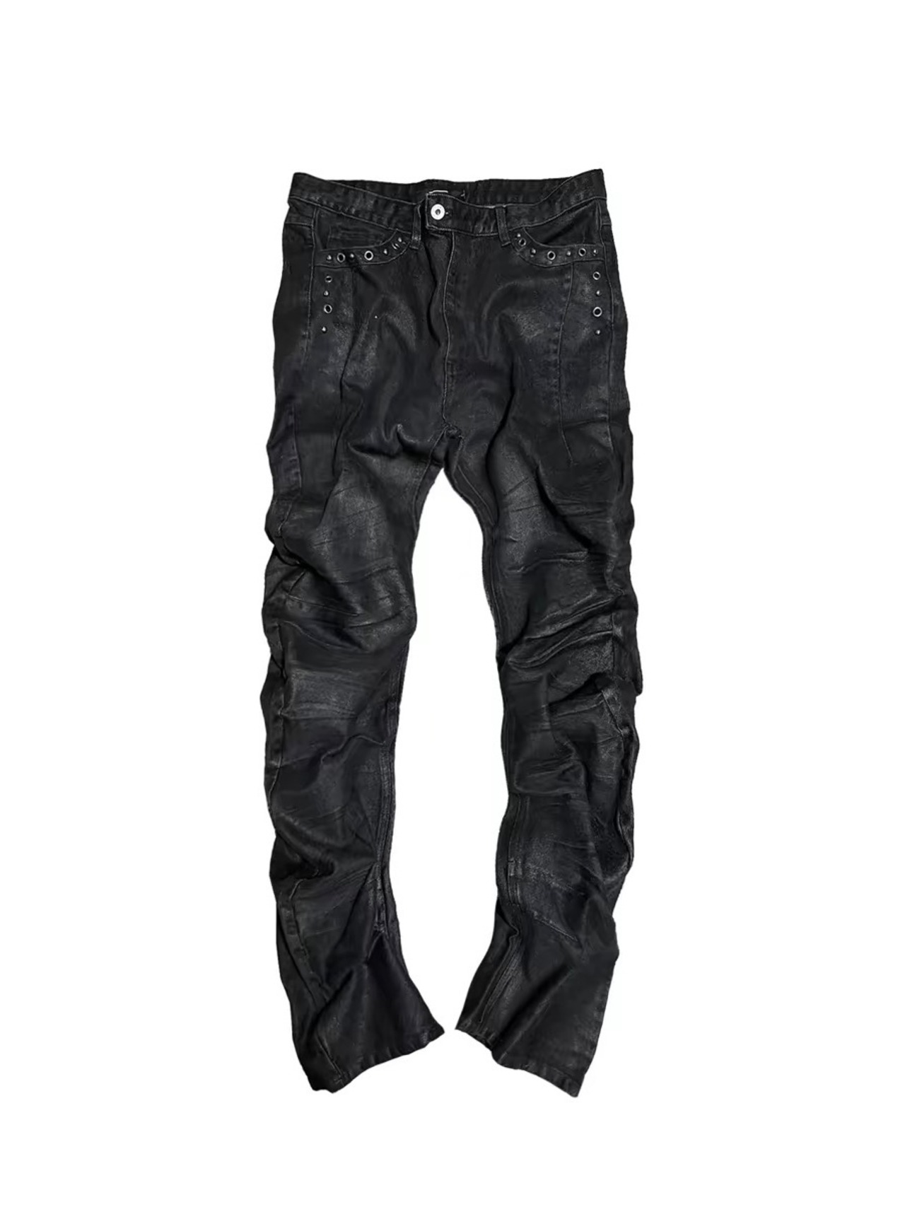 【CinderVein】Eyelet Rivet Coated Curved Denim Pants