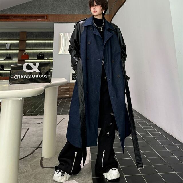 予約販売】コート 異素材 メンズ アウター ロング丈 ネイビー ブラック