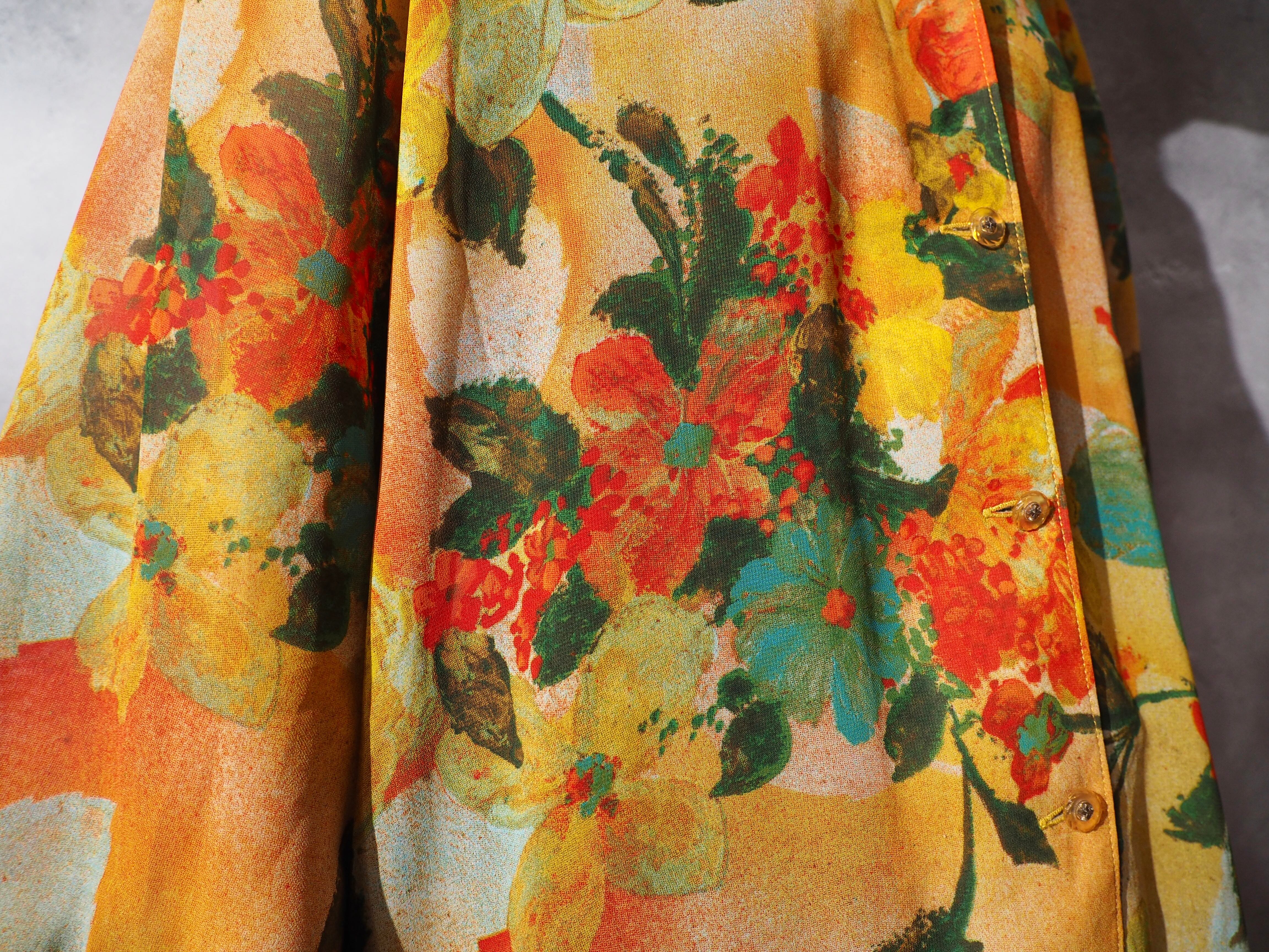 1990s Botanical Flower painted translucent open callar shirt