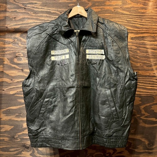 バークスベイ USA製 ライダース レザー ベスト カスタム リメイク アナーキー ステッカー パッチ バイカー モーターサイクル 本革 ブラック ドクロ カリフォルニア シングル