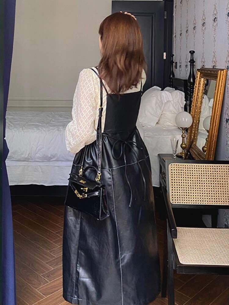 希少 LOEWE ロエベ 上質 レザー 切替 キャミワンピース キャミ