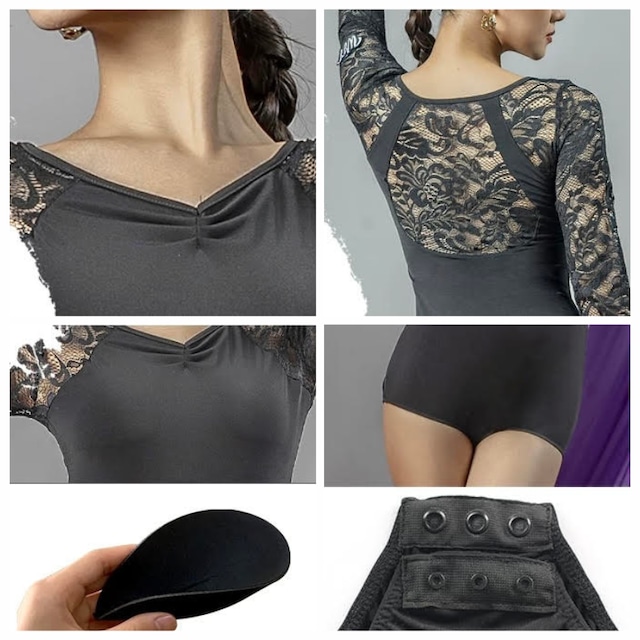 シースルー ロングスリーブ オープンバック カッティング レオタードトップス 3col D00612