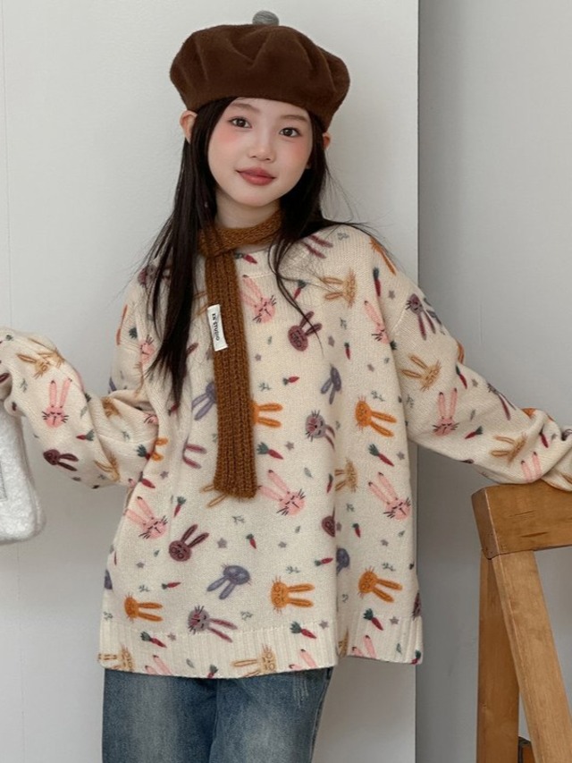 小学生 女の子 冬服 加厚 ニット セーター 120〜170cm ふんわり柔らかい 裏起毛風 あったか 長袖 カジュアル 可愛い うさぎ柄 さらさら着心地 韓国ガーリー トレンド ニットトップス 冬コーデ キッズ 女児 冬用プルオーバー