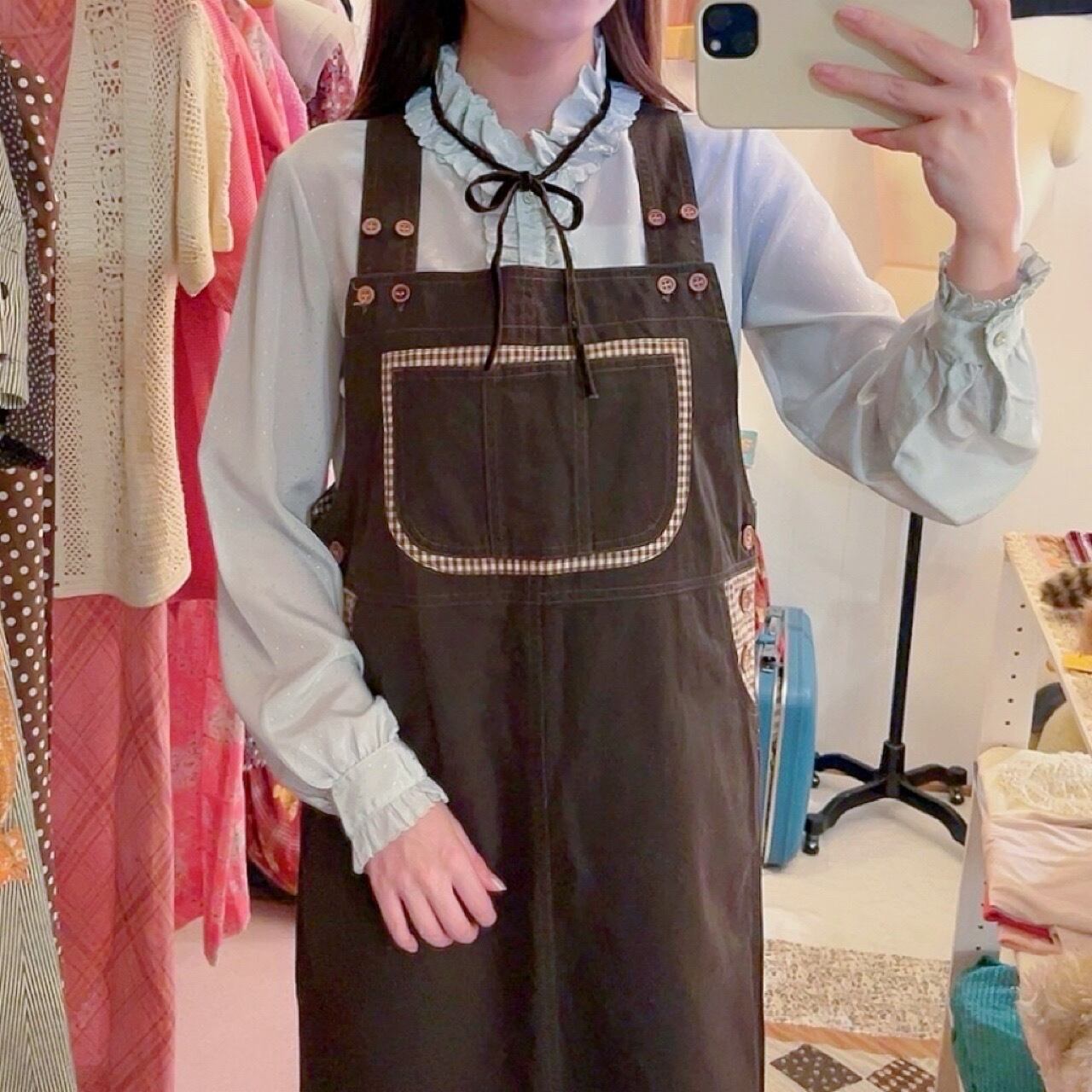 gingham check brown salopette skirt