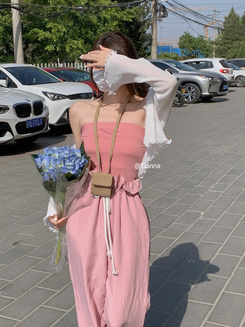 トップス サマー薄手ストラップレスバック ピンク 夏物 ブラックストロベリース27215191503