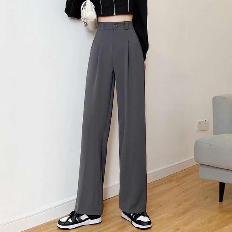 グレーパンツ レディーススプリングオータムハイウェストウェストワイドレッグルーズカジュアルロング 春物 秋物 ワイドパンツ 試着室46408946920