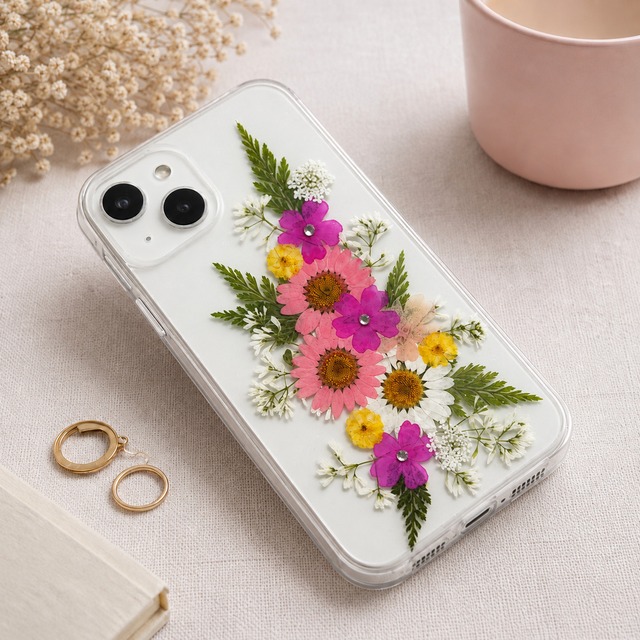 【ほぼ全機種対応スマホケース】押し花スマホケース NO.518(ピンク）  押し花＆レジン iPhone/Xperia/AQUOS/Galaxy