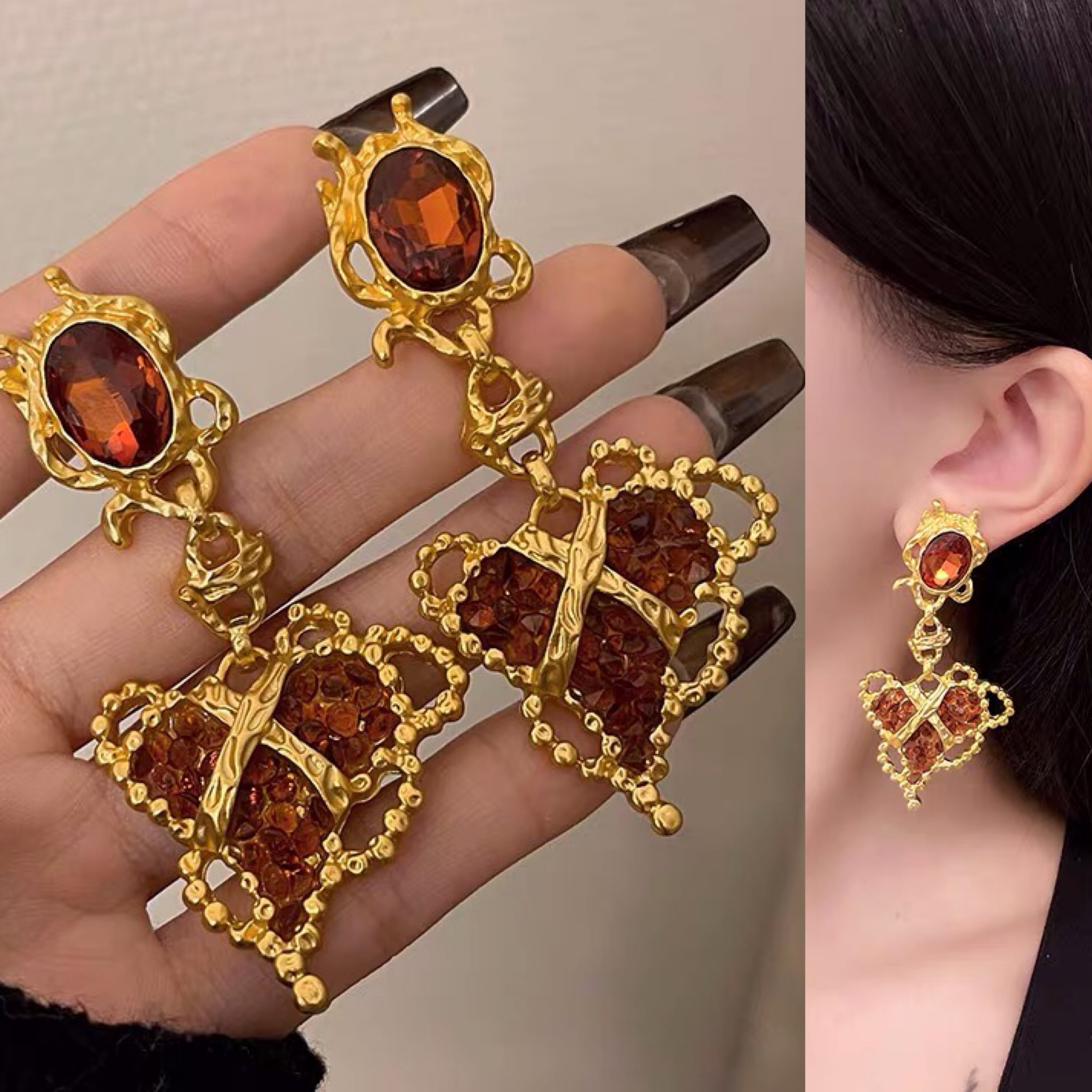 ゴールド 鼈甲風 茶色 ピアス ハート ピアス ビック ゆらゆら ロング