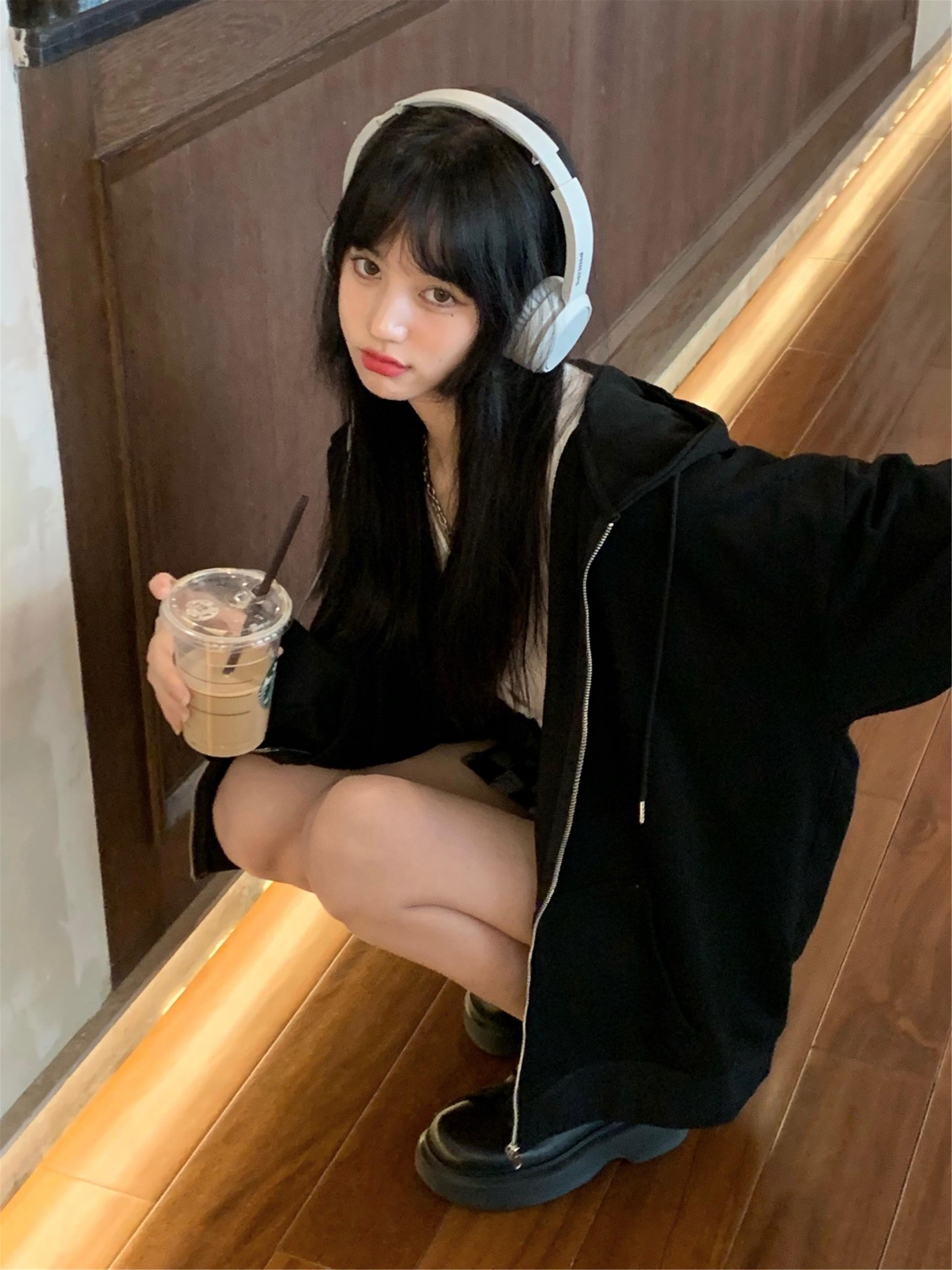 フードセーター ジャケット オータムブラックカジュアルシャツ ロング 秋物 モンロー29168910409