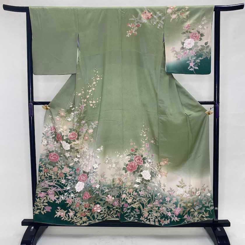 訪問着 中古 花柄 緑 黄緑 クリーム 裄64cm 身丈158cm 結婚式 着物 