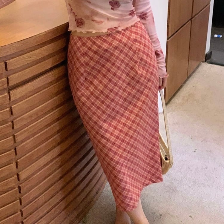 グレンチェック柄×ハイウエスト ミディ丈タイトスカート 00543