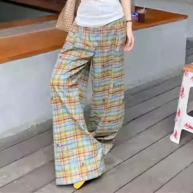 Vintage American Style Color-Block Plaid Wide-Leg Pants  (CF046)