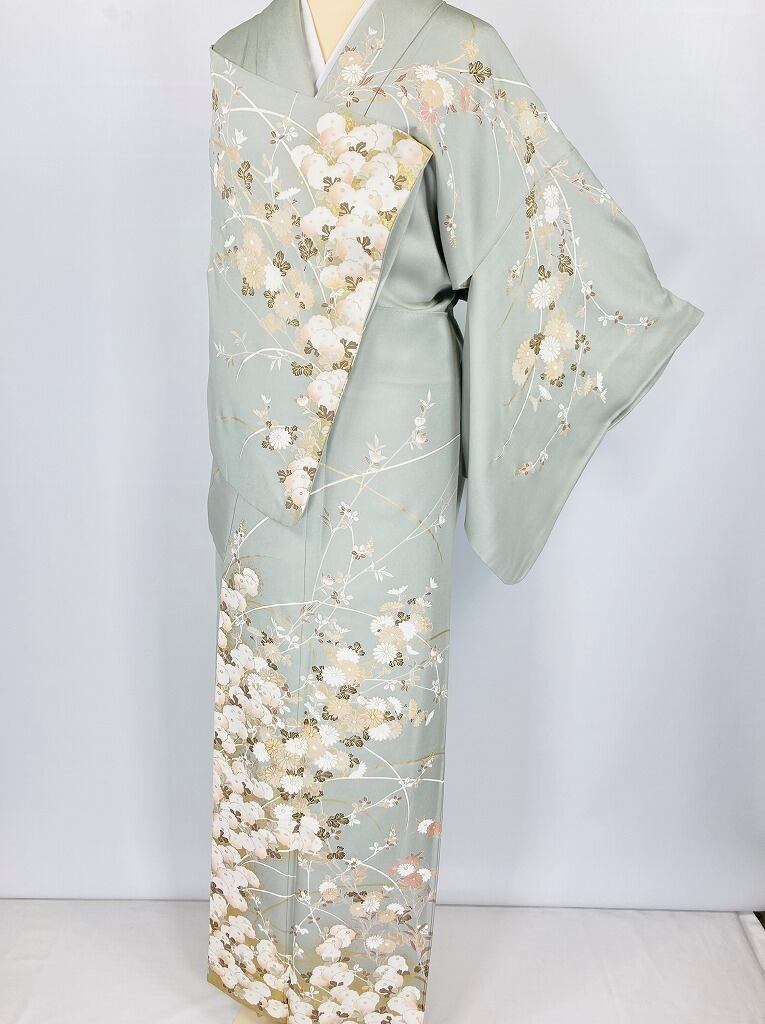 本金箔 金駒刺繍 京友禅 菊 萩 訪問着 花柄 正絹 裏葉色 薄緑 766