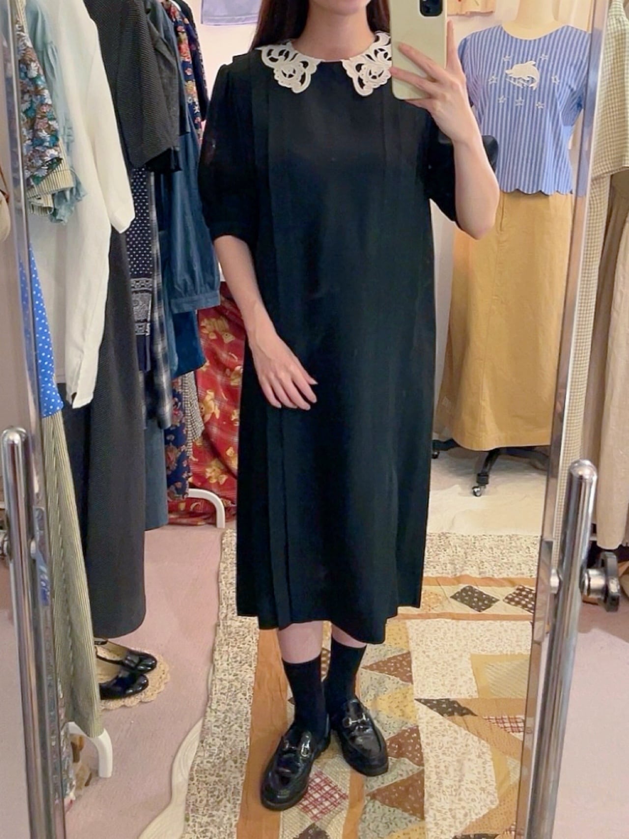 lace collar pleats black one-piece