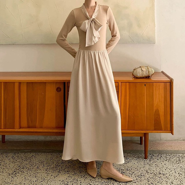 Ribbon neck long flare dress　M1731