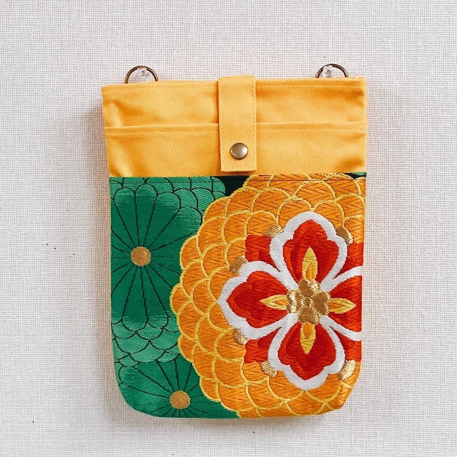 帯ショルダー 黄×袋帯 菊花 着物帯リメイク 日月堂オリジナル