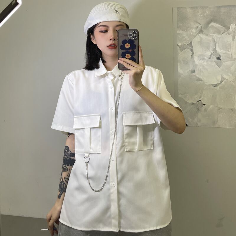 サマーレディーススタンダードポケットシャツ カジュアルルーズホワイト レトロ 夏物 ケッペル11184698543