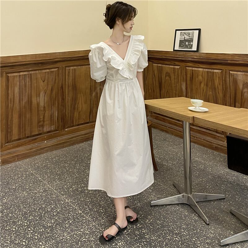 スリーブドレス サマーバックプリーツレースVネックミディスカート 夏物 1号婦人7910586201