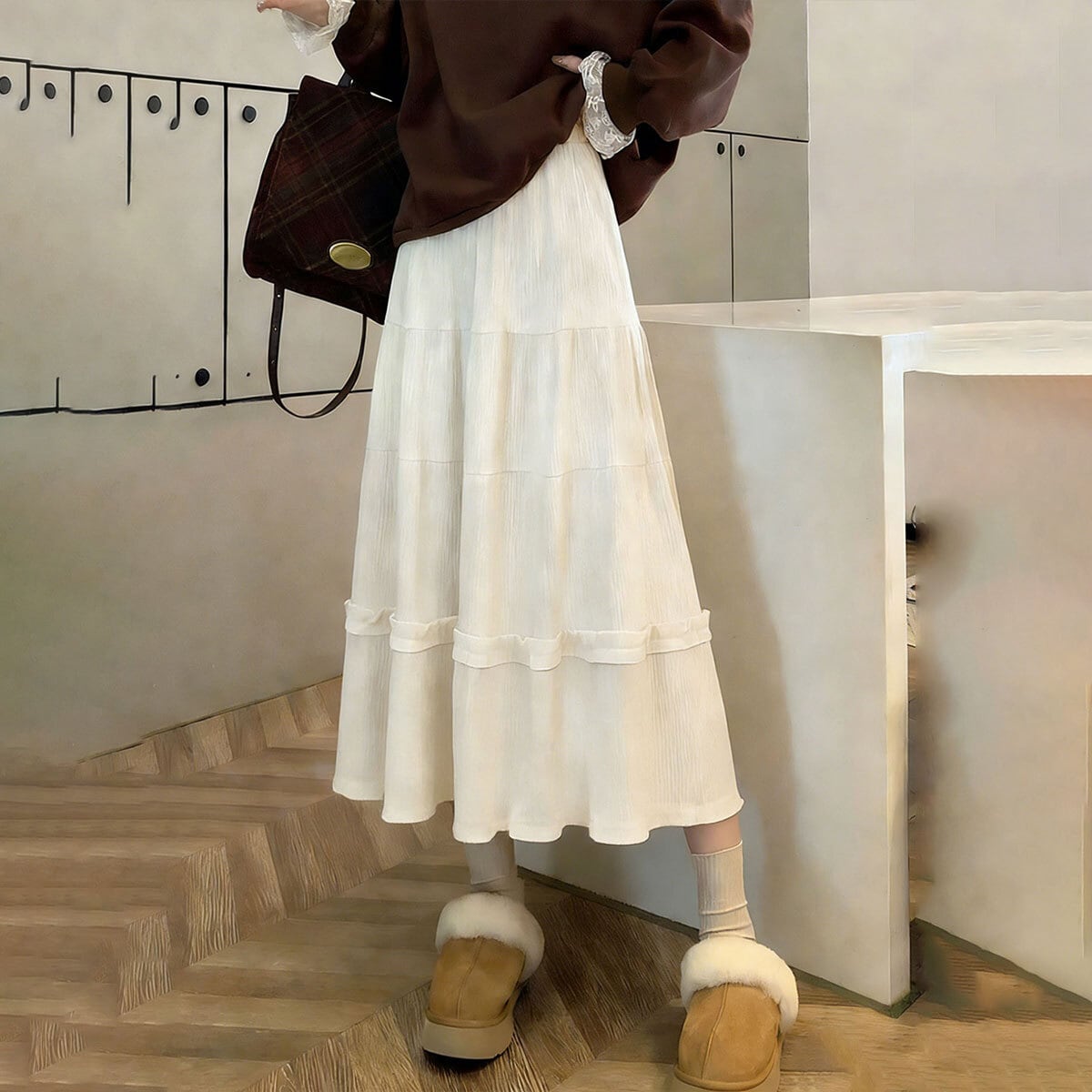 ティアード スカート コーデュロイ Aライン レディース 春秋冬 韓国 ロングスカート きれいめ 大人 かわいい おしゃれ シンプル ハイウエスト ミモレ丈 ウエストゴム 大人可愛い 大人女子