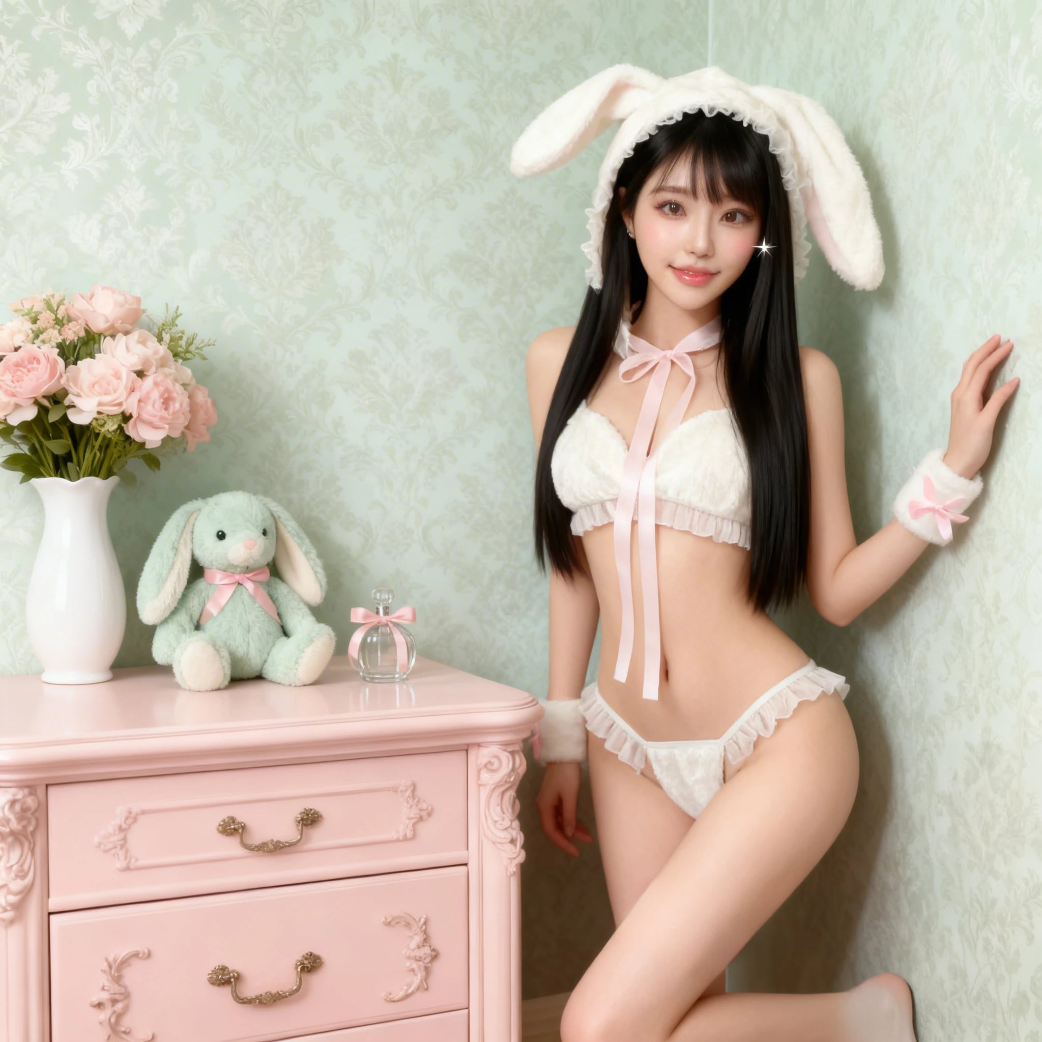 〔アニマル〕もこもこバニーランジェリーセット|ふわふわ耳付きフード×リボン付きTバックショーツ