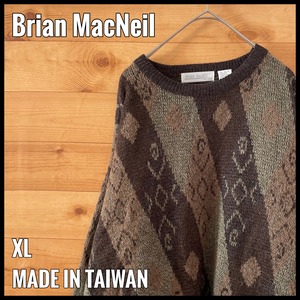 【BRIAN MACNEIL】台湾製 デザインニット 柄ニット セーター 柄物 総柄 オールパターン XL ビッグサイズ US古着