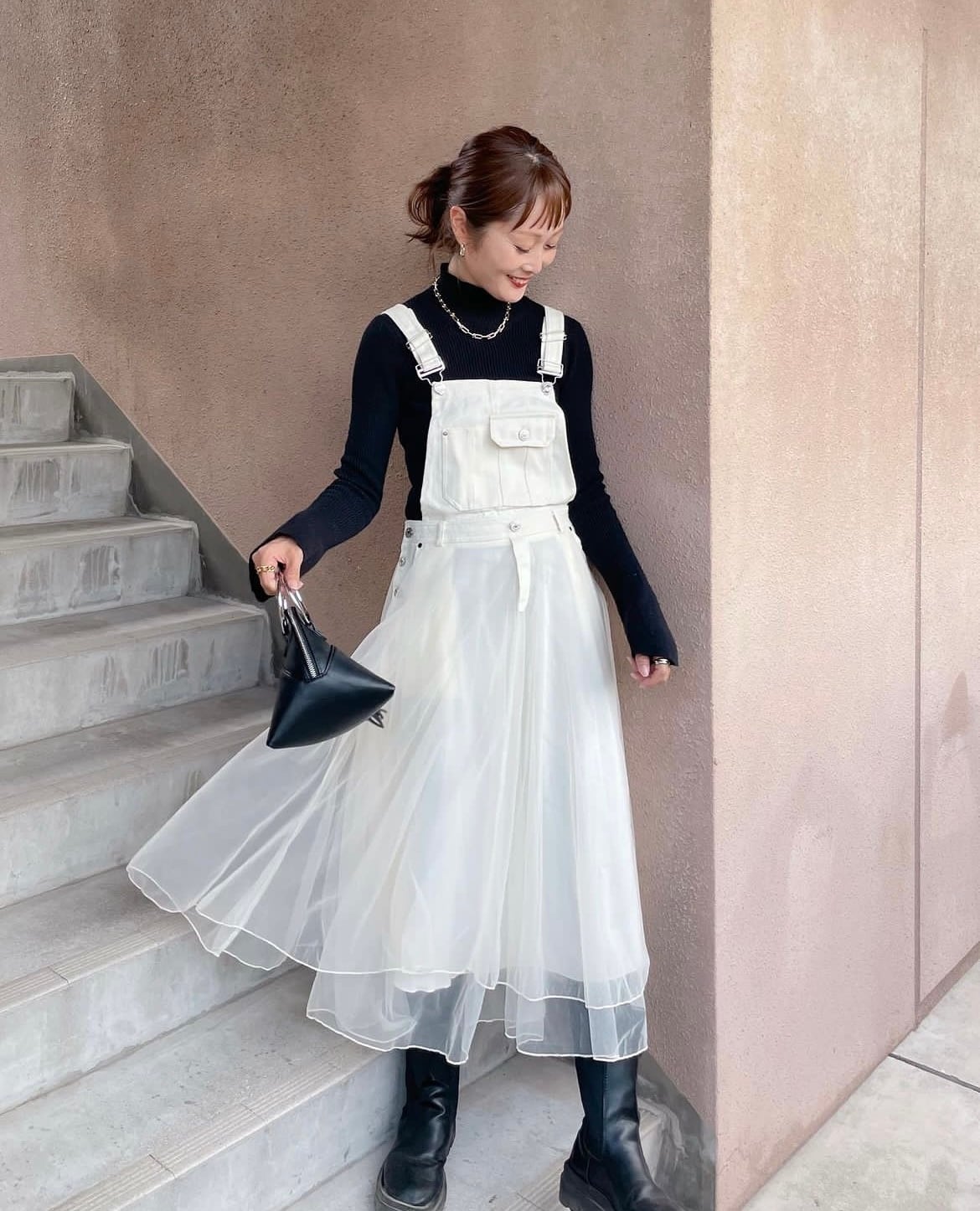 【2color】異素材ミックスチュールドッキングジャンパースカート