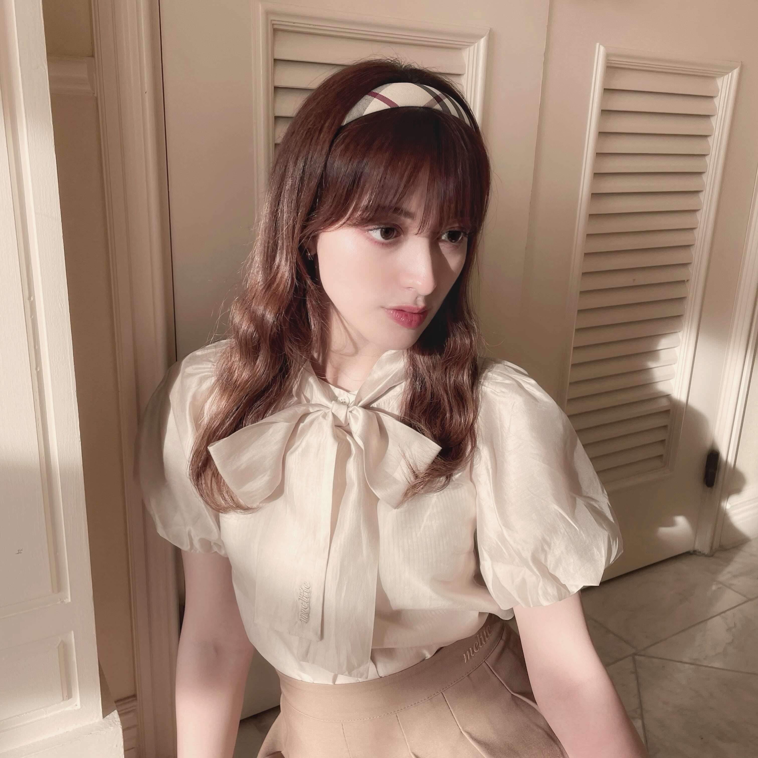 original 2way ribbon sheer blouse - BEIGE