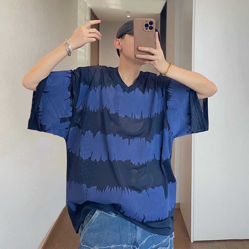 dannyandzeeタイダイ染めメッシュ編みVネック半袖Tシャツ