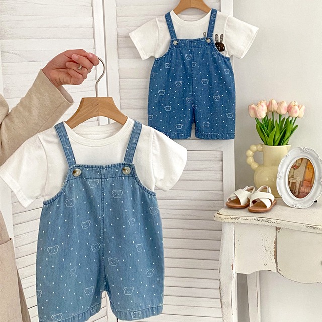 【BABY】くまドット総柄デニムサロペットパンツ - 5
