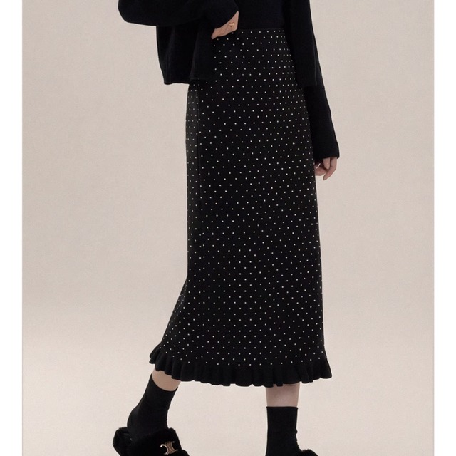 polka dot midi length ruffled hem skirt m1747