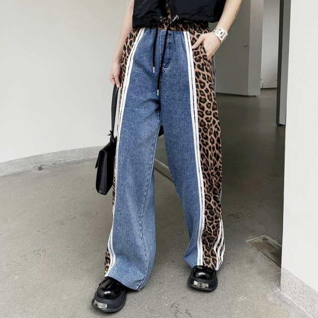 Leopard Panel Wide Denim Pants 01330
