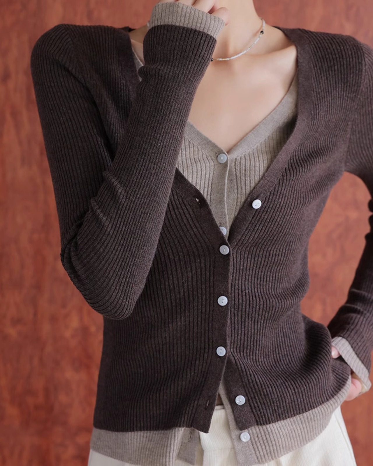 Fake layered slim rib Cardigan T20295