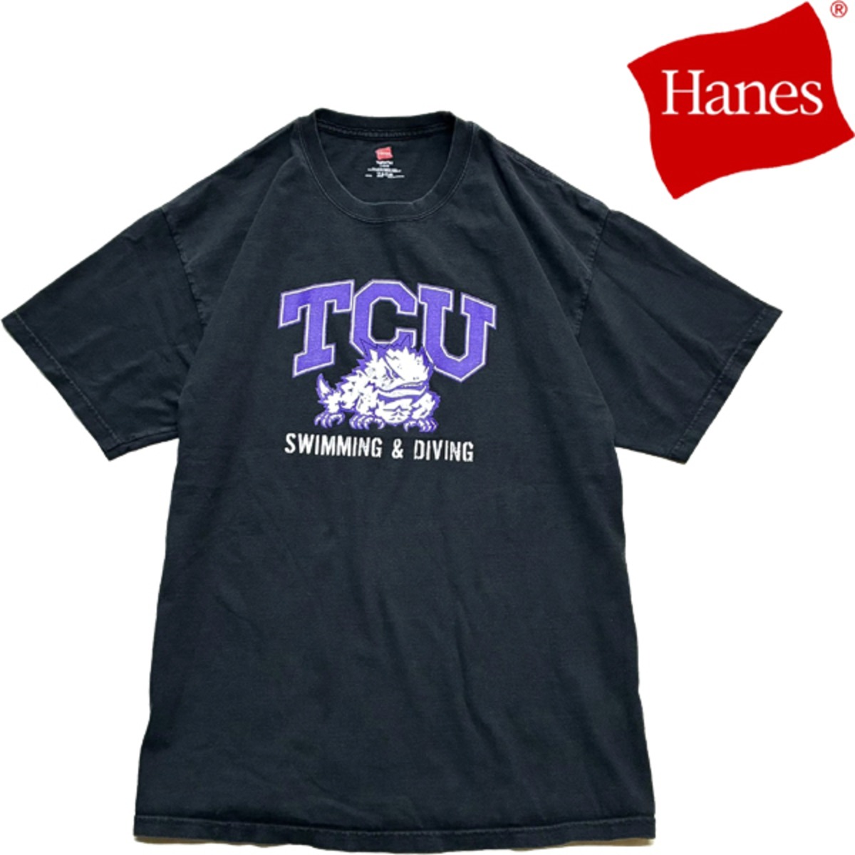 1点物◇ヘインズ黒TCUテキサスクリスチャン大学バックプリントTシャツ 