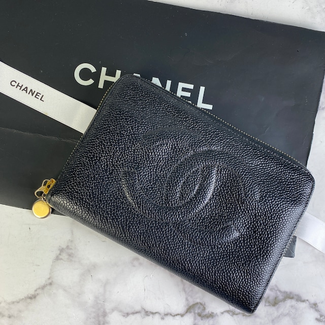 【最終処分SALE】CHANEL シャネル ココマーク キャビアスキン 二つ折り財布 ブラック A-7139