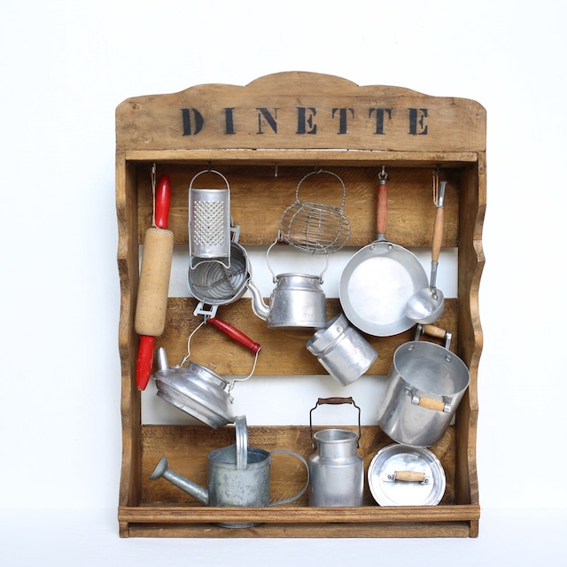 フランス アンティーク ヴィンテージ DINETTE 木製キッチン雑貨ラック ＋ 小物12点 セット N-04803