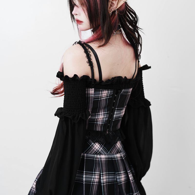 スカート ワンピース レース チェック柄 かわいい サスペンダー ミニ丈
