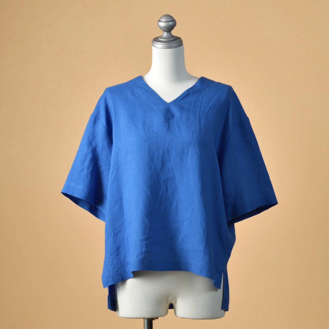 atelier naruse アトリエナルセ リネンVネックスモックブラウス・ブルー