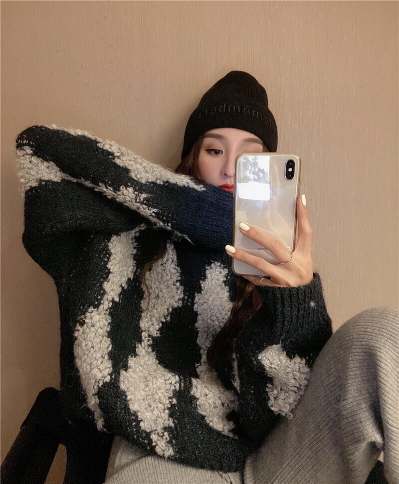 セーター ルーズショートニットスプリングスタンダードスタイルプルオーバー トップス レトロ 春物 ブラックストロベリース11820819659