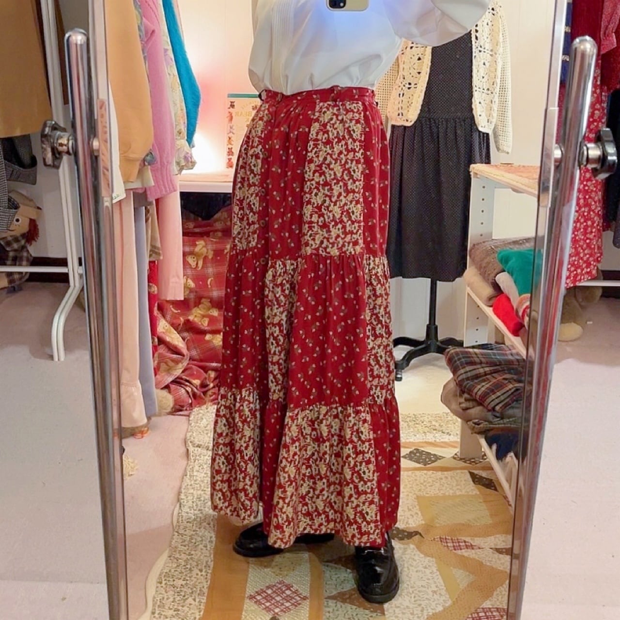 red flower patchwork tiered skirt