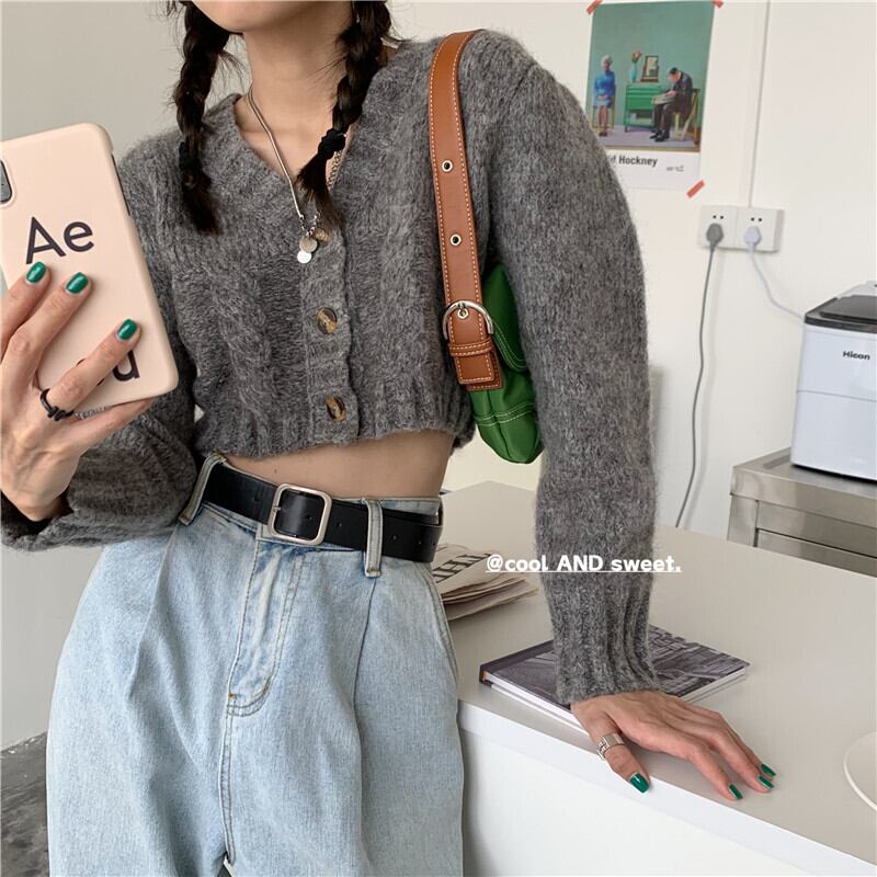 ショートレイジースタイルレトロツイストグレーセーターカーディガンジャケットレディース2020秋新作セータートップ ブラックストロベリース99230519272