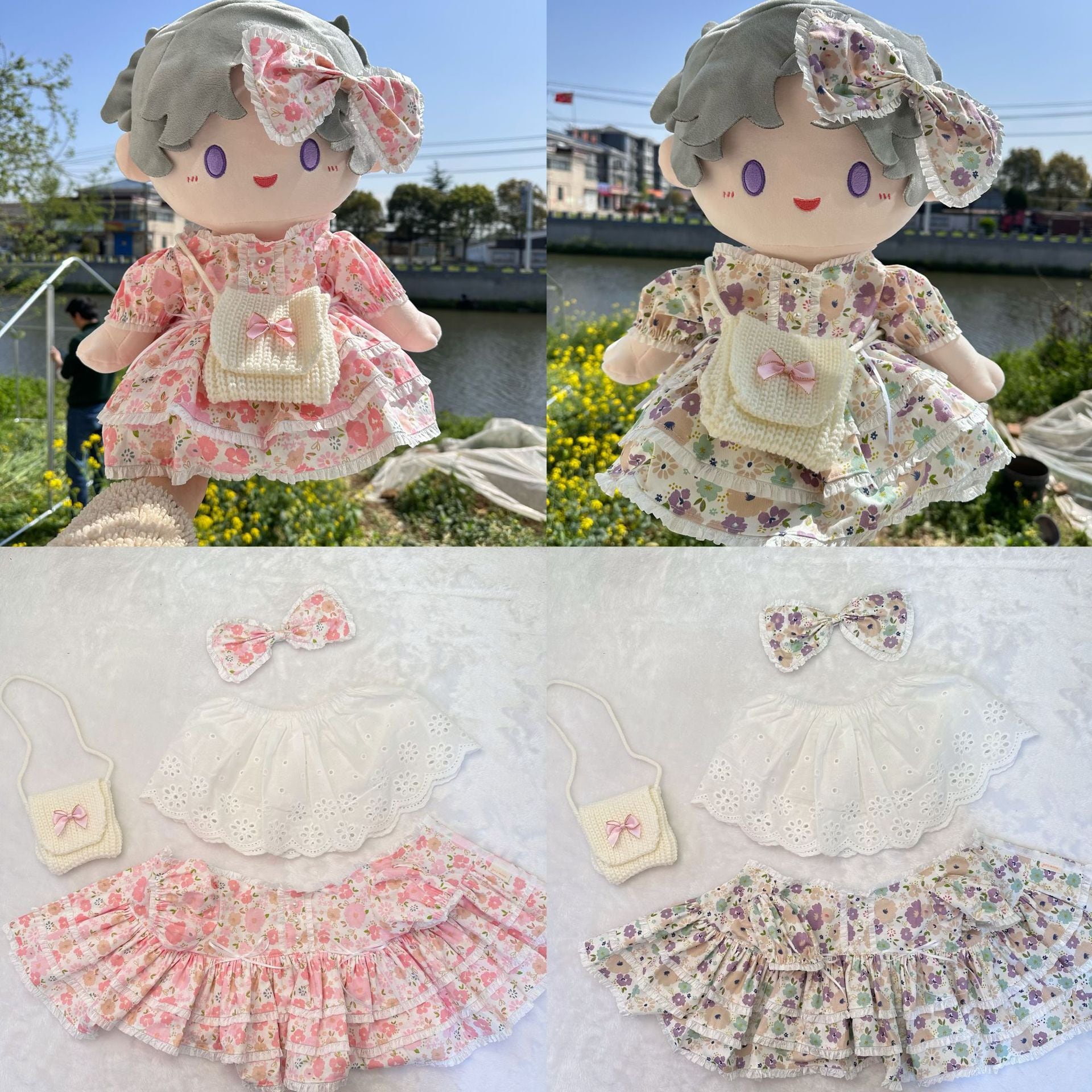 40cmぬいぐるみ用 春 花柄ワンピース+スカート+ヘアアクセサリー+