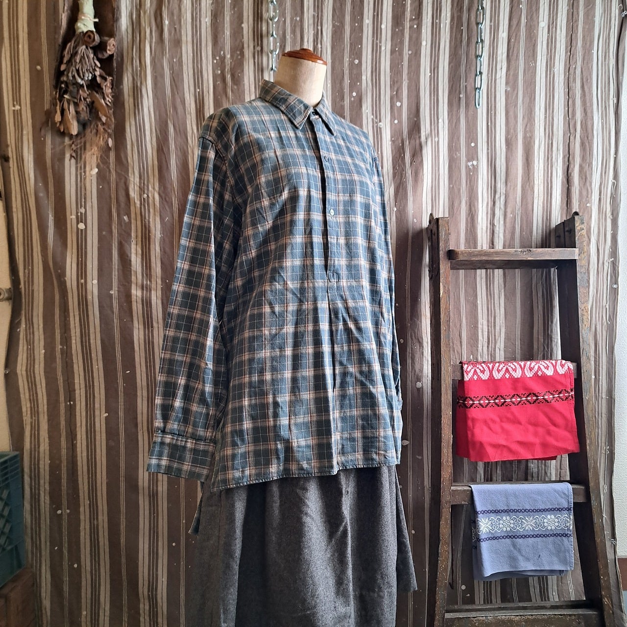 France ヴィンテージ フランス チェック柄 グランパシャツ 長袖 30-40s France Vintage Blue Checked Cotton Granp