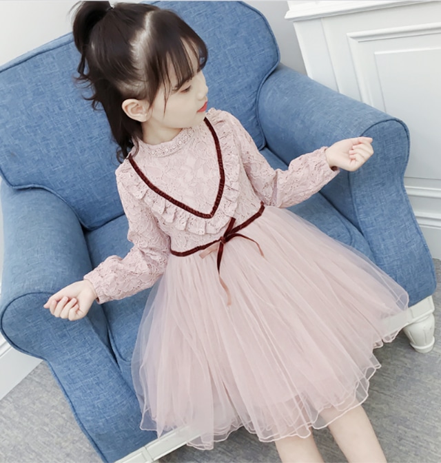 【レトロ可愛い★レース×チュール ワンピース】 子供服 女の子 ワンピース スカート 子供ドレス 長袖 レース フリル チュール リボン レトロ 発表会 結婚式 普段着 入園入学 卒園卒業 110cm 120cm 130cm 140cm 150cm 160cm 送料無料