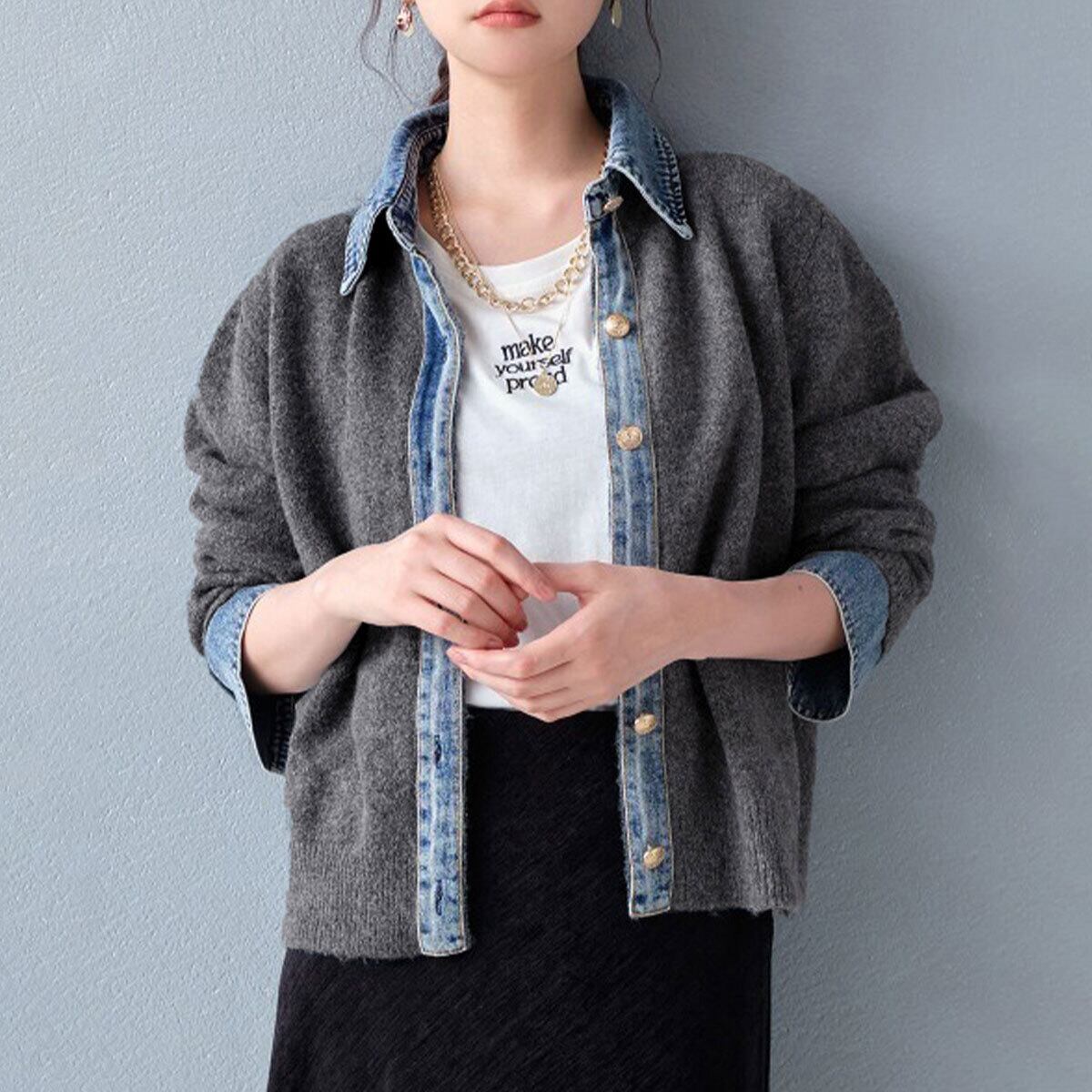 デニム 切り替え ニット カーディガン 長袖 レディース 春秋冬 韓国 きれいめ 大人 カジュアル おしゃれ 重ね着風 トップス 羽織り ドッキングニット 大人可愛い 大人女子