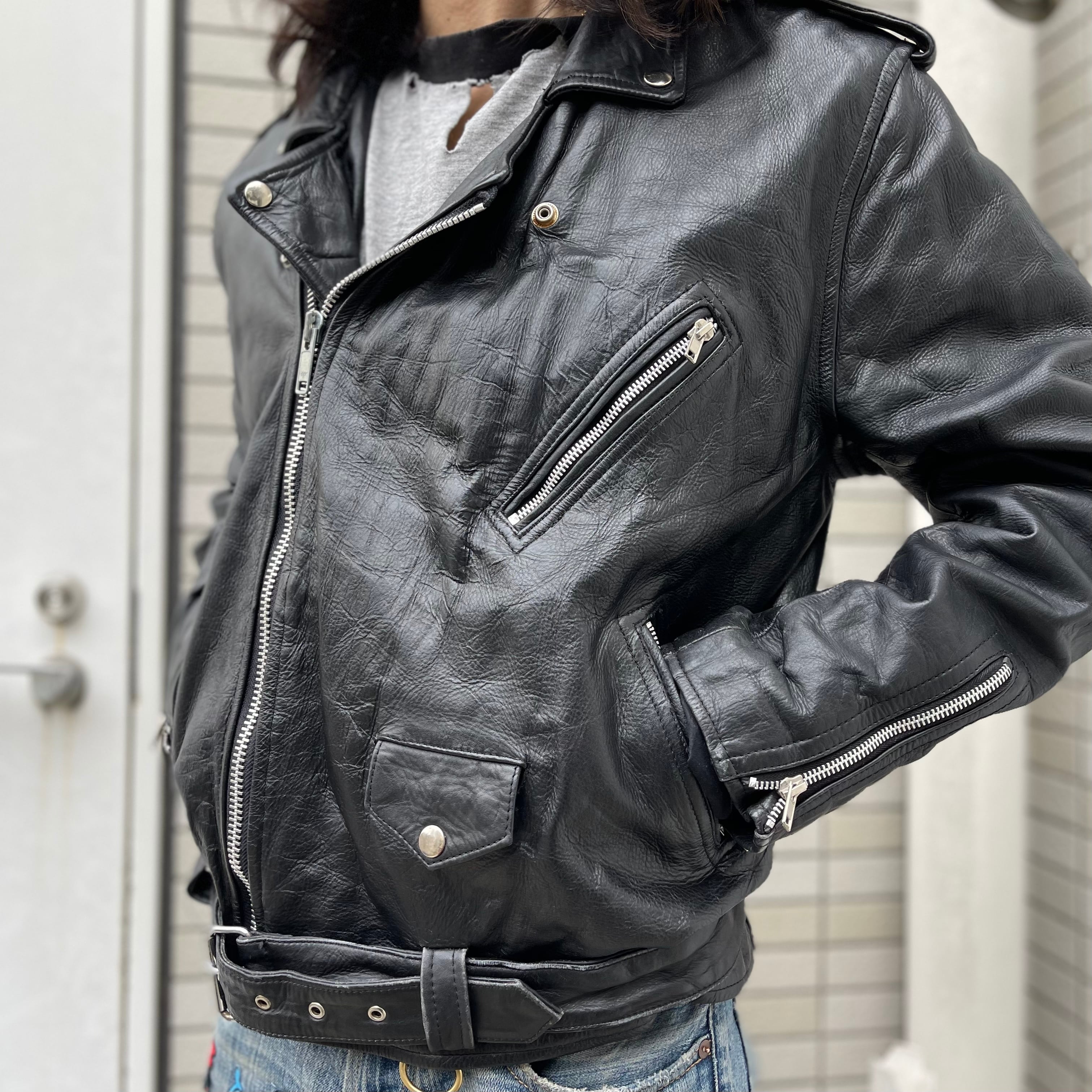 size: 46 【 Leather JKT 】レザージャケット レザー ダブル ライダース バイカー ロック パンク 古着 古着屋 高円寺駅  ヴィンテージ