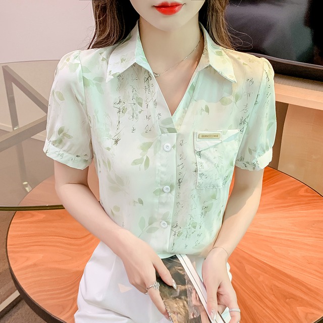 【BIZIYAOシリーズ】★チャイナ風トップス★ 2color シャツ シフォン レディース 半袖 文字柄 プリント
