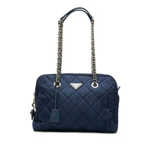 プラダ 三角ロゴプレート キルティング チェーン ショルダーバッグ ブルー ナイロン レディース PRADA 【中古】